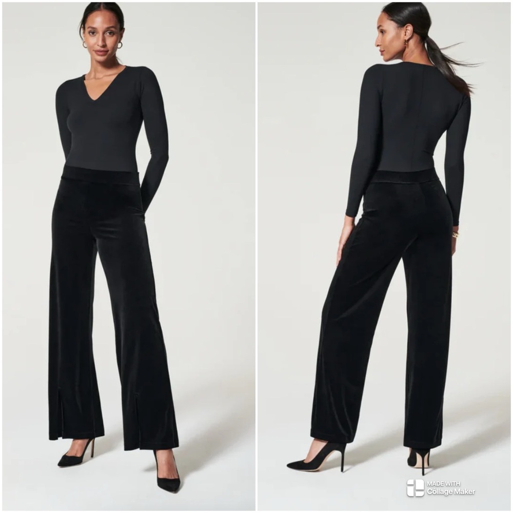 Spanx Black Velvet Front Slit Pant New